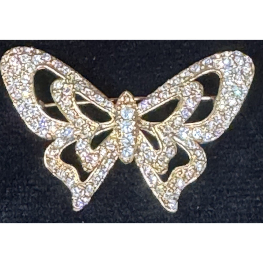 Vintage Rhinestone Butterfly Brooch Gold Tone Openwork Sparkling Pin‎